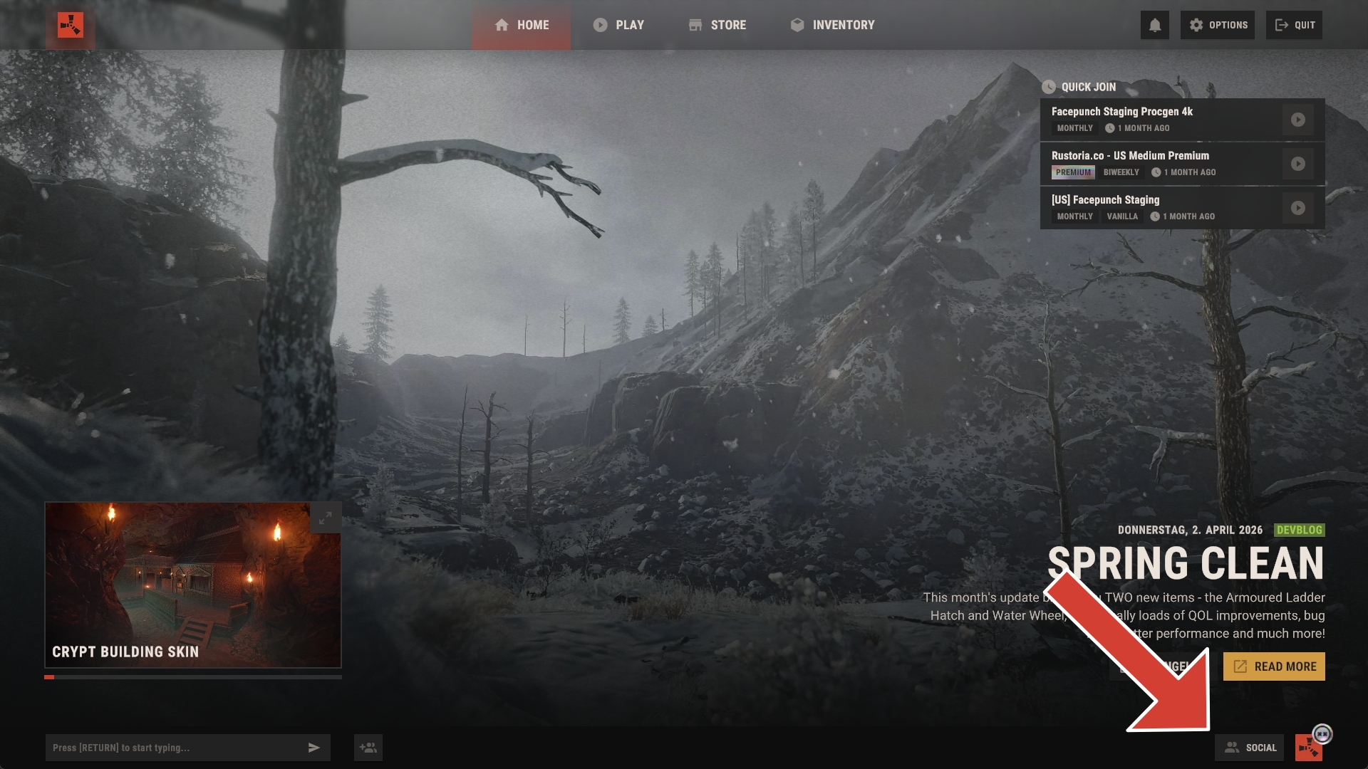Rust main menu with the Social button in the bottom right