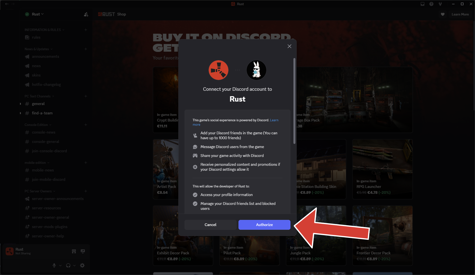 Discord authorization prompts for connecting Steam and Discord