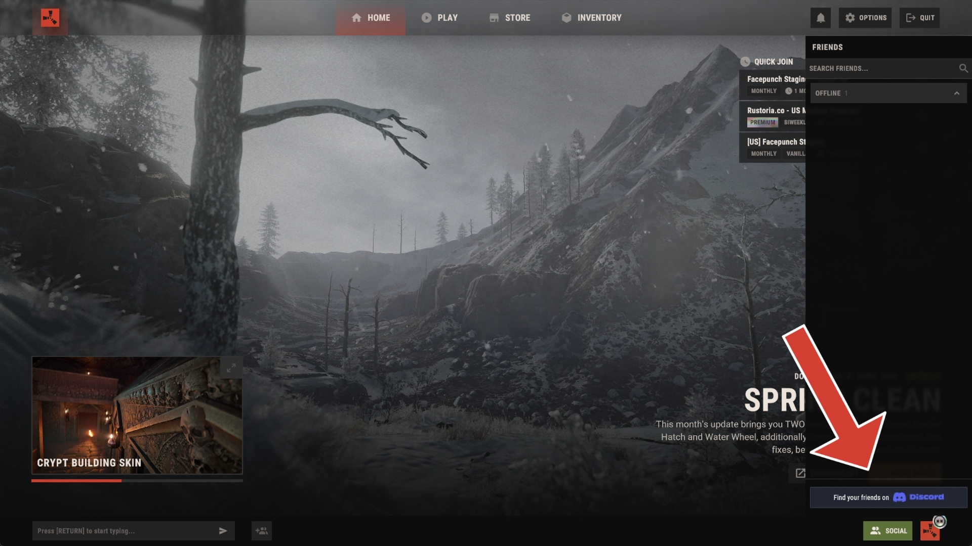 Rust Social menu with the Discord button